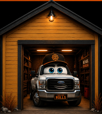 Rolls the mascot truck in the Diesel Dad Disposal garage