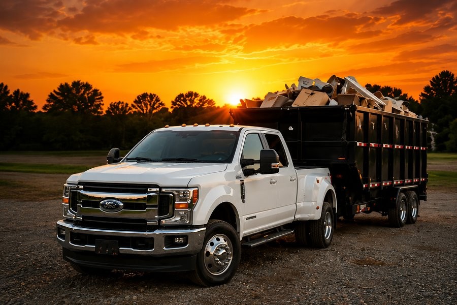 Diesel Daddy junk removal truck loaded and ready at sunset